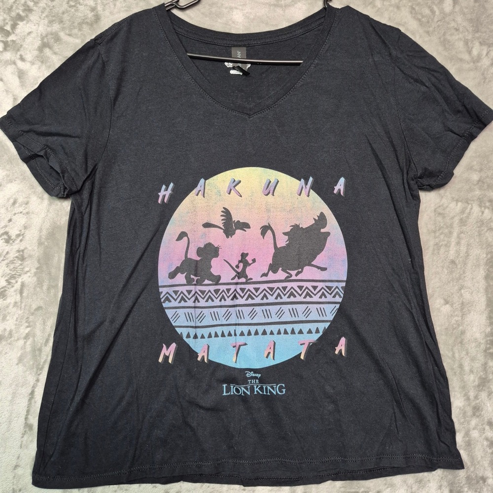 Disney The Lion King Hakuna Matata Graphic V-Neck T-Shirt Black Large L Cotton